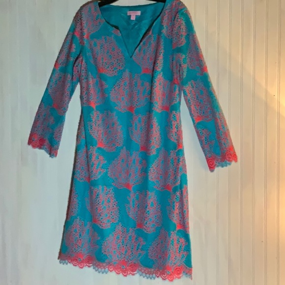 Ladies Lilly Pulitzer turquoise dress with coral embroidery - Picture 1 of 12